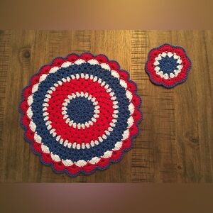 🆕 HANDMADE | Crochet Placemats + Coasters - Set of 6 - Red / Blue / White